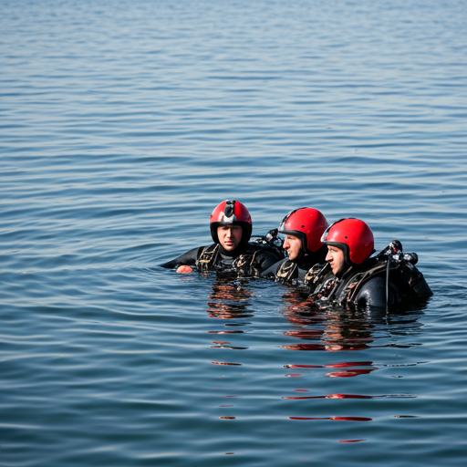 Three divers with red helmets in the water