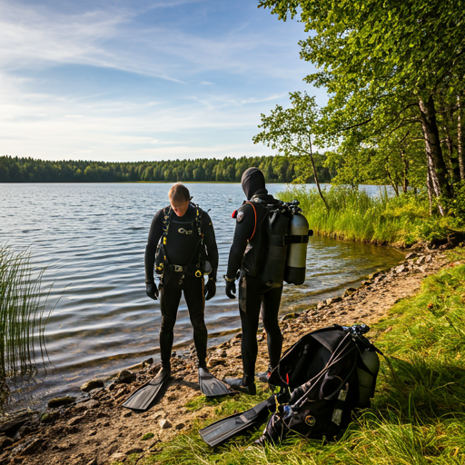 Divers preparing their equipment by a lake