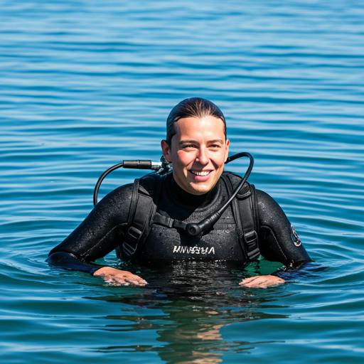 A smiling diver emerging from the water